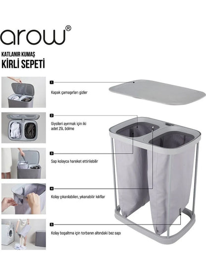 Arow Katlanabilir 2 Bölmeli Metal Gövdeli Kumaş Çamaşır Sepeti 50 Lt