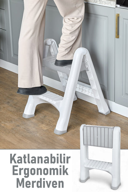 Tuffex 2 Basamaklı Merdiven Plastik Hafif Mutfak Tezgah Perde Merdiveni - Beyaz