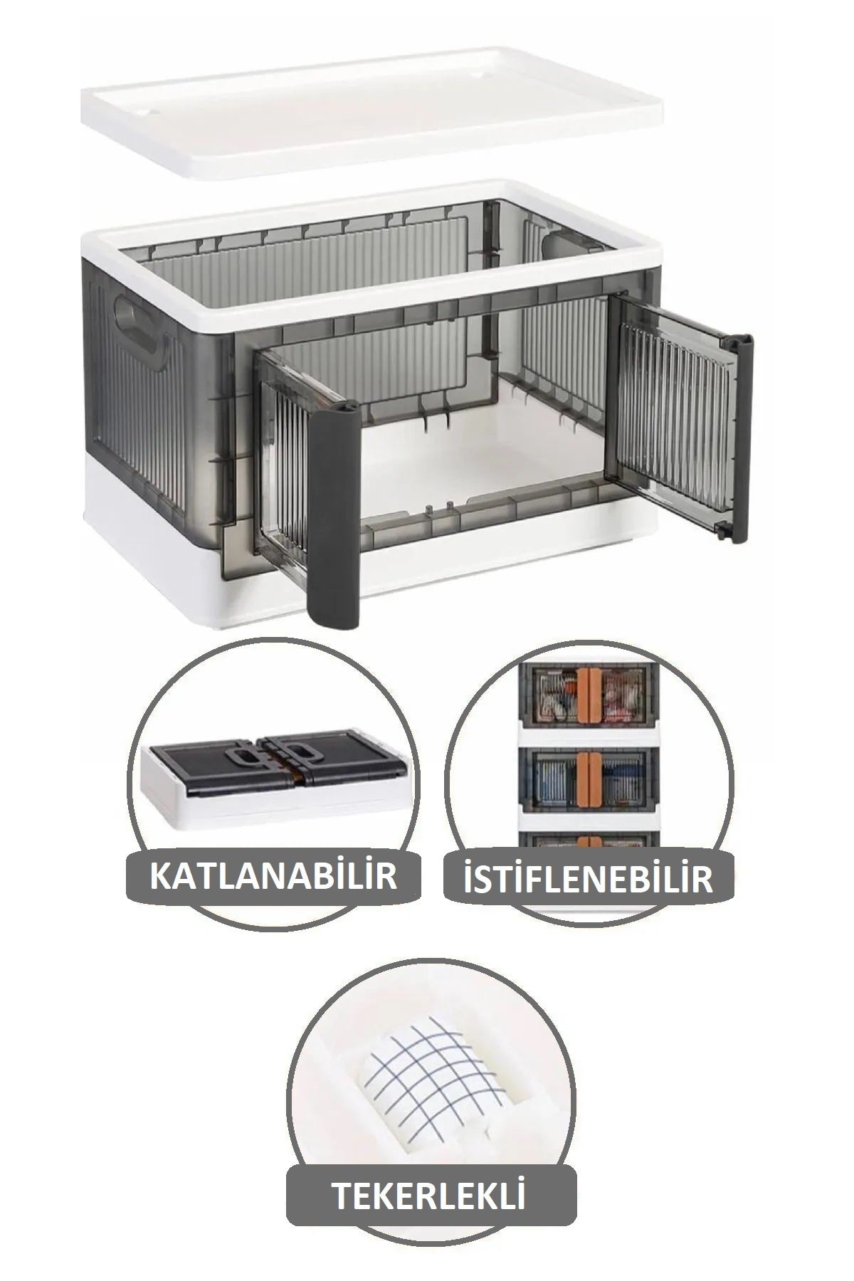 Baroness 3 Katlı Tekerlekli Çift Kapaklı Kitaplık - İstiflenebilir Katlanır Çok Amaçlı Dolap Düzenleyici Kutu