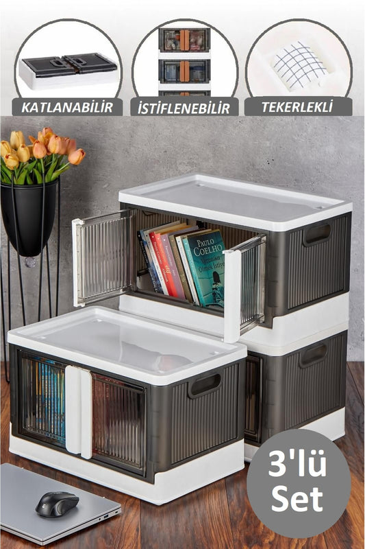 Baroness 3 Katlı Tekerlekli Çift Kapaklı Kitaplık - İstiflenebilir Katlanır Çok Amaçlı Dolap Düzenleyici Kutu